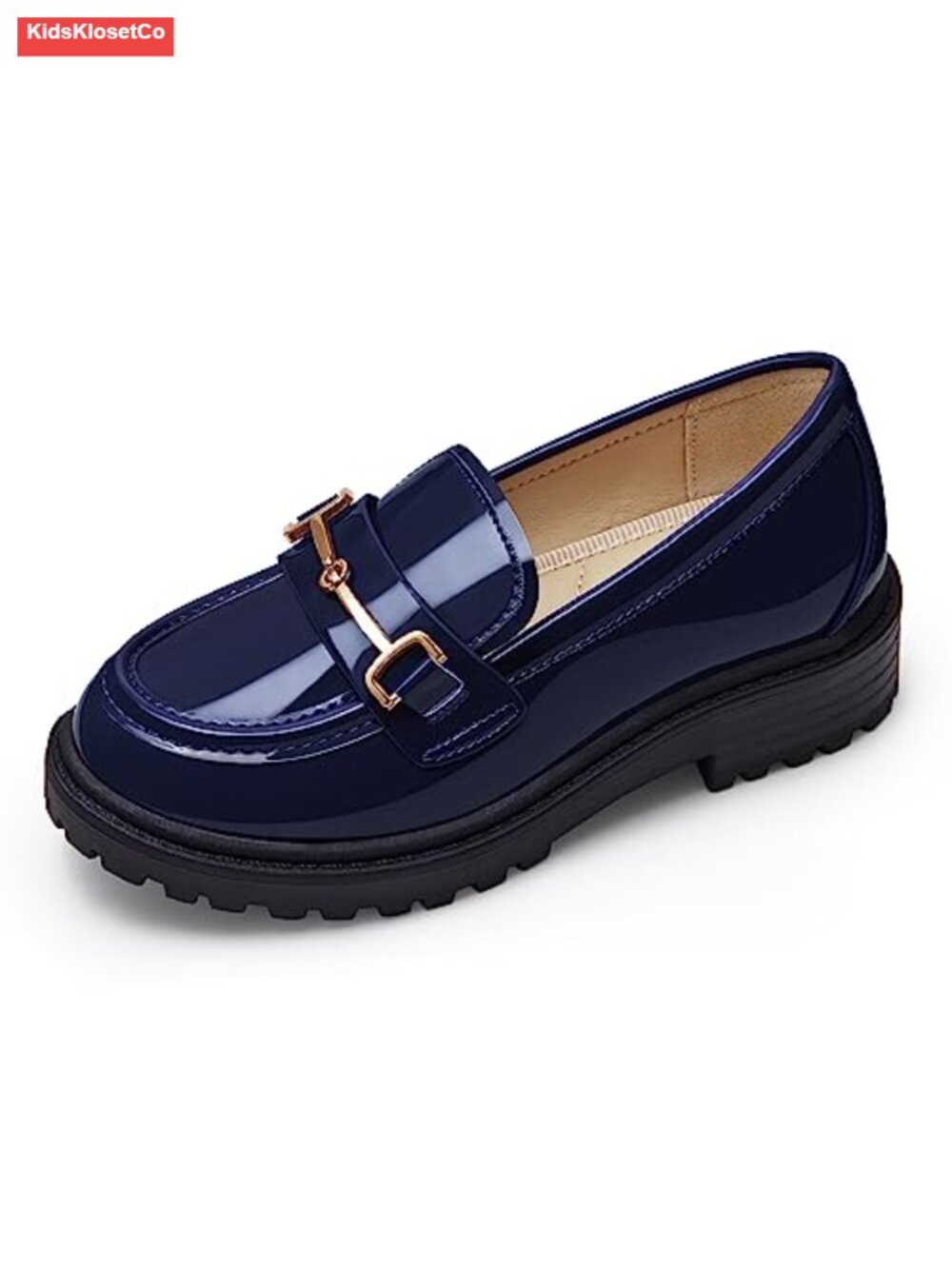 Girls Platform Loafers Slip On Chain Chunky Heel Faux Leather Round Toe School